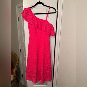 Lilly Pulitzer neon pink ruffled one shoulder lace midi dress